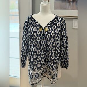 Charter Club Sheer Boho Tunic Top – Navy/Tan – Gold Clasp – Size XL